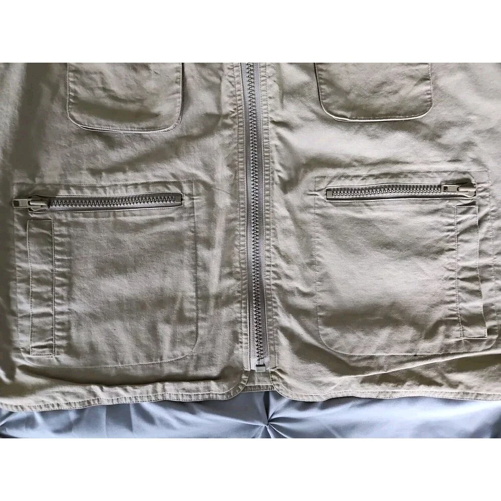 VTG BANANA REPUBLIC Men's Safari Vest XL Beige Full Zip Hooded Cargo Pockets